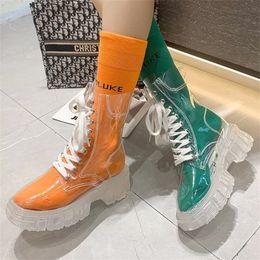 Boots Fashion Women Pu Transparent Platform Boots Waterproof Ankle Boots Feminine Clear Thick Bottom Rainboots Sexy Female Shoes 230314