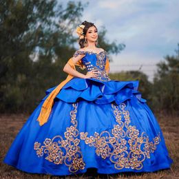 Charro Quinceanera Dress Ball Gowns Gold Appliqued Off Shoulder Princess Party Sweet 16 Ball Gown Vestidos De 15 Anos Corset