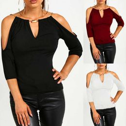 Women's T-Shirt Women Summer Cotton Shirt Short Sleeve Off-shoulder Blouses Sexy Solid Loose Casual Shirt S-XL Y2303