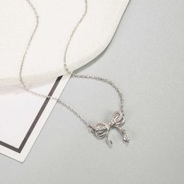 Pendant Necklaces S925 Sterling Silver Double Layer Bow Single Diamond Necklace Women's Niche Design Ins Clavicle Chain Birthday Jewelry GiftL230315