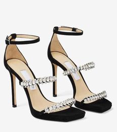 Elegant Brands Beautiful Bing Sandals Shoes Women Crystal-embellished Strap Nappa Leather Black Sliver Square-toe Lady Party Dress Wedding Sexy Pumps EU35-43