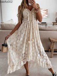 Casual Dresses White Lace Long Dress Women Off Shoulder Sleeveless Sundress Ladies Spaghetti Strap Beach Dress Solid Deep V Neck Robe Longue W0315