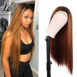 Synthetic Wigs 28 Inches Straight Lace Wigs 1b/30 Ombre Brown Natural Hair Line Middle Part Dark Roots for Women 230227