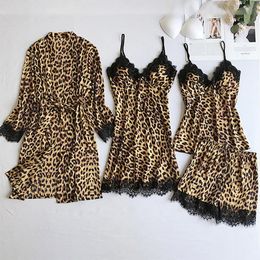 Women's Sleepwear Leopard Print 4 Pieces Women Pyjamas Sets Lace Nightwear Pyjama Spaghetti Strap Sleep Lounge Pijama With Chest Pads