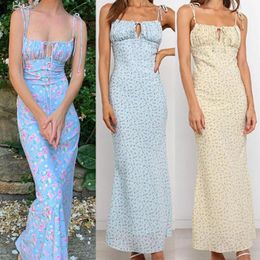 Casual Dresses Floral Print Tie Front Backless Sling Slim Women Maxi Dress Sundress For Beach Fashion Laides Elegant Club Chic Long DressesC