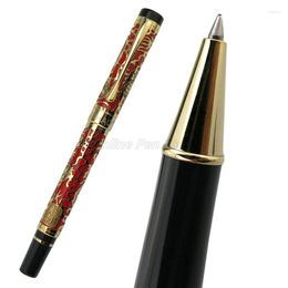 Jinhao 5000 Metal Dragon Texture Carving Red Barrel Gold Trim Roller Ball Pen Professional Office Stationery Writing Accessory