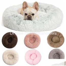 Kennels Pens 20 Colour Wholesale Faux Fur Bed Cushion Pet Kennel Fluffy Soft Plush Round Cat Beds Donut Cats Dog Pad Self Warming I Dhhcs