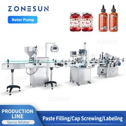 ZONESUN Automatic Paste Filling Machine Production Line Gel Jam Round Bottle Capping Labelling Machine Rotor Pump Servo Motor ZS-RPCL1