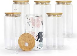 16oz Sublimation Glass Beer Mugs with Bamboo Lid Straw DIY Blanks Frosted Clear Can Shaped Cups Heat Transfer Cocktail Iced Coffee Soda Whiskey Cup