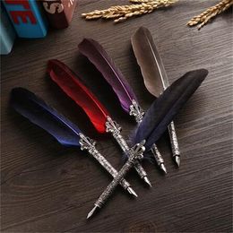 1 Set Multicolor Retro Quill Dip Pen Turkey Feather Pen Quill Oblique with 5 Nibs with Pen Set Gift Writing Tools Office School Supply GC1974