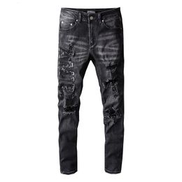 Men's Jeans Men's High Quality Grey Distressed Streetwear Fashion Slim Embroidered Letters Damage Skinny Stretch Ripped Jeans Pants For Men 230316