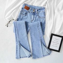 Women's Jeans Wide-legged Stretch Jeans Women 2022 Summer Fashion All-match Self-cultivation Trousers Large Size High Waist Slit Mopping Pants L230316