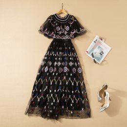 Summer Fall Short Sleeve Round Neck Dress Black / Blue Tulle Floral Embroidery Panelled Long Maxi Elegant Casual Dresses 22Q192315 Plus Size XXL