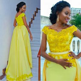 Bridesmaid Dresses Prom Party Gown For Weddings Formal Floor-Length Custom New Sexy Plus Size Satin Mermaid Trumpet Yellow Applique Beaded Off-Shoulder