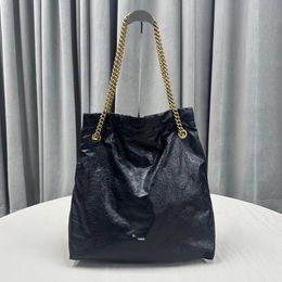 Cowhide Tote Bag Black Leather Travel Bag Crossbody Handbag Chain Shopping Handbags Fashion Letter Nylon Interior Drawstring Mouth