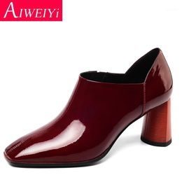 Dress Shoes Patent Leather Woman High Heels Wood Heel Platform Pumps Black Red Ladies Wedding Genuine Woman1