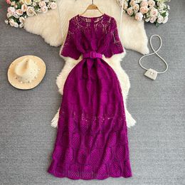 2023 Summer Premium Retro Dress Short Sleeve Round Neck Slim Hollow Lace Dress Elegant Long Dress