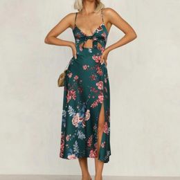 Casual Dresses 2023 Vintage Sexy Women Sling Dress Deep V-Neck Waist Tight Floral Print Spaghetti Straps Slit Hem Maxi For Party