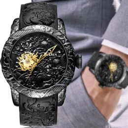 Lusso nero 3d drago inciso uomini meccanici automatici orologi sportivi impermeabili per uomo orologio da polso a carica automatica orologio maschile Y1905170306C