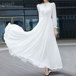 Casual Dresses Elegant Casual O-neck Long Sleeve White Slender Dresses Spring Autumn Fashion Belt Empire Chiffon Solid Color Women's Clothing 230316