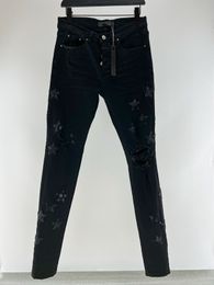 Mens Designer Jeans Star Ripped Jean Man Slim Casual Zipper Trousers for Male Stretch Trouser Cashew Flower Patch Hip Hop Denim Pants Black CargoUNDJUNDJ