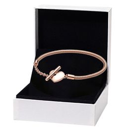 Rose Gold Heart T-Bar Snake Chain Bracelet for Pandora 925 Sterling Silver Wedding designer Jewelry For Women Girlfriend Gift Hand chain Bracelets with Original Box