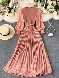 Casual Dresses Women Elegant Maxi Dress Spring Summer Patchwork Puff Long Sleeve Pleated Muslim Long Dresses Ladies Party Dress 230316