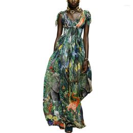 Casual Dresses S-XL High Quality 2023 Summer Fashion Flamingo Flower Print Elastic Waistline Shoulder Bow Sling Slim Women's Dress