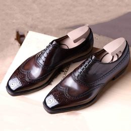 Mens Brown Brogue Shoes Breathable Square Head Business Office Lace-up Fretwork Dress Shoes for Men with Free Shipping