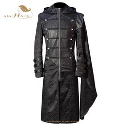 Men's Trench Coats Mens Trench Coat Leather Hooded Mediaeval Gothic Renaissance Punk Long Sleeves Jackets Retro Uniform Black VD2485 230316