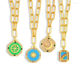 Chains Turkish CZ Enamel Hexagon Necklace Sun Round Gold Color Opal Jewelry Woman Link Chain Geometric Pandent Zincir Kolye