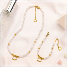 Brand Designers C-letter Necklace Bracelet Gold Plated Imitation Pearl Geometric Wristband Cuff Chain for Wedding Party Jewerlry Accessories