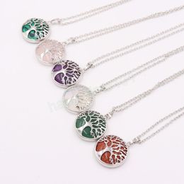 Fashion Hollow Tree of Life Pendant Necklace for Women Round Natural Stone Crystal Charm Clavicle Chain Jewelry for Party Gifts