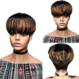 Ombre Highlight Short Bob Pixie Cut Wigs For Black Women Straight Honey Blonde Brazilian Remy Hair Full Lace Front Wig With Bangs