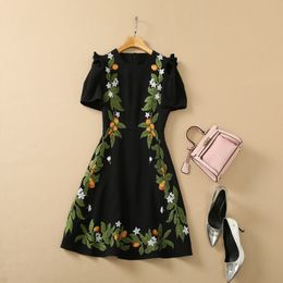 Summer Fall Short Sleeve Round Neck Dress Black Floral Print Embroidery Panelled Knee-Length Elegant Casual Dresses 22Q242142