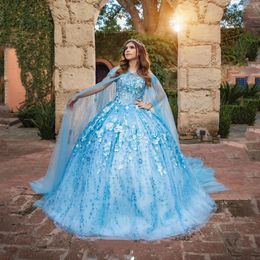 Sky Blue Mexican Quinceanera Dresses Vestido De 15 Anos Charro with Cloak Lace Applqiued 3D Flower Corset Sweet 16 Dress