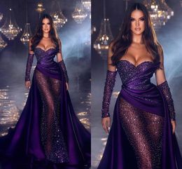 Gorgeous Purple Plus Size Mermaid Evening Dresses with Long Train Sweetheart Sequined Floor Length Formal Wear Celebrity Birthday Special Occasion Prom Dress