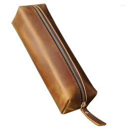 Handmade Leather Pencil Case Holder Stationery Writing Materials Storage Bag Vintage Retro Zipper Pencilcase Office School Gift