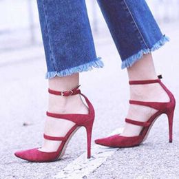 Burgundy Suede Three Strappy Cutout Pumps Woman Sexy Pointed Toe Ankle Buckle Straps High Heels Sandals Banquet Shoes Feminina 0316