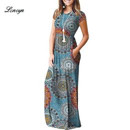 Casual Dresses Women Dresses Summer Elegant Sexy Print Boho Beach Maxi Dress Wrap Sundress Robe Pocket Short Sleeve Casual Floor-length Dresses 230316