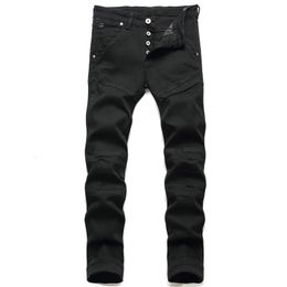 Men's Jeans Men's Washed Holes Spliced Black Solid Colour Trousers Slim Fashion Casual All-Match Small Feet Elastic Men Motorcycle Jeans 230316