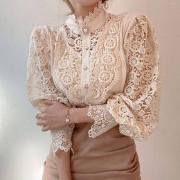 Women's Blouses Women Hollow Lace Blouse Turtleneck Solid Colour Button Up Cotton Long Sleeve Slim Tops Shirt Autumn Winter Female Elegant