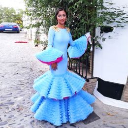 Sky Blue Mermaid Evening dresses Saudi Arabia Trumpet Long Sleeves Ruffles Tiered Trajes de Flamenca Prom Dresses Robe De Soiree