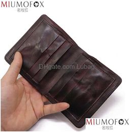 Wallets 2022 Genuine Leather Wallet For Men Vintage Wrinkled Short Bifold Man Compact Purse Holder Vertical Pocket Money Bag T221104 Dhh6V