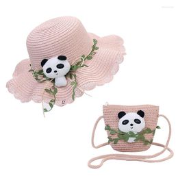 Wide Brim Hats Summer Child Cute Panda Leaf Straw Beach Hat Shoulder Bag Set Outdoor Shade Sunscreen Breathable