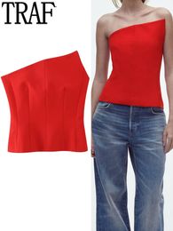 Women's Tanks Camis TRAF Red Corset Top Woman Off Shoulder Tops For Women Bustier Asymmetric Crop Top Woman Party Night Backless Lingerie Sexy Tops 230316
