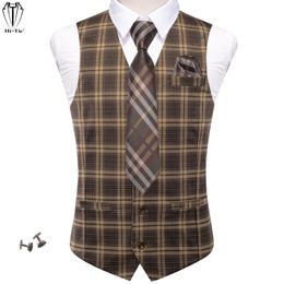 Mens Vests HiTie Viscose Mens Vest With Necktie Jacquard Solid Plain Striped Waistcoat Jacket Hanky Cufflinks Wedding Business S to XXXL 230313