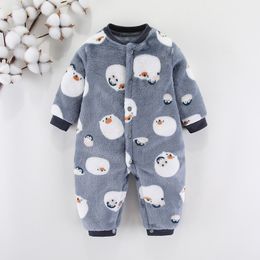 Rompers Autumn Winter born Baby Clothes Dinosaur Print Baby Boy Romper Warm Infant Baby Boy Girl Soft Fleece Jumpsuit Pajamas 230316