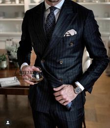 Men's Suits & Blazers Classic Black Stripe Men Suit Double Breasted Business Slim Fit Blazer 2 Piece Set Groom Prom Tuxedo Terno Masculino J