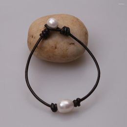 Strand Ambrum Valentine's Day Single Real Pearl Leather Bracelet Trendy Choker Design Jewellery One White Freshwater Pearls Bracelets